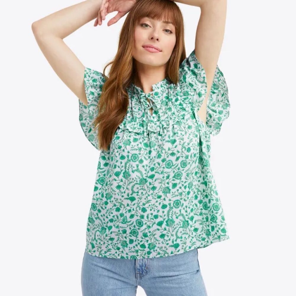 NWOT Draper James Flutter Sleeve Top Blouse Shirt Woodblock Green Floral MEDIUM